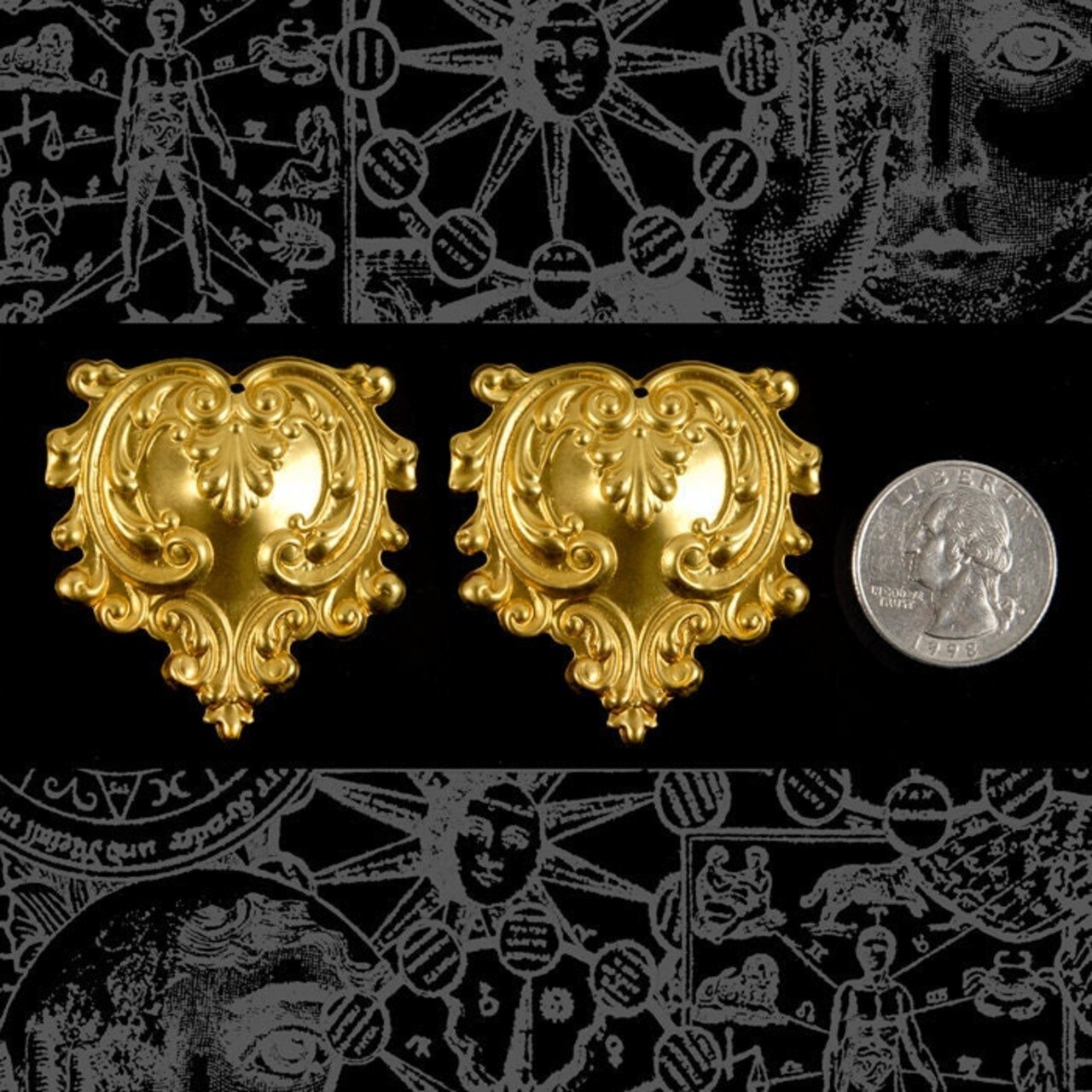 Raw Brass Vintage Style Ruffled Heart Pendants - Set of Two - B-P43